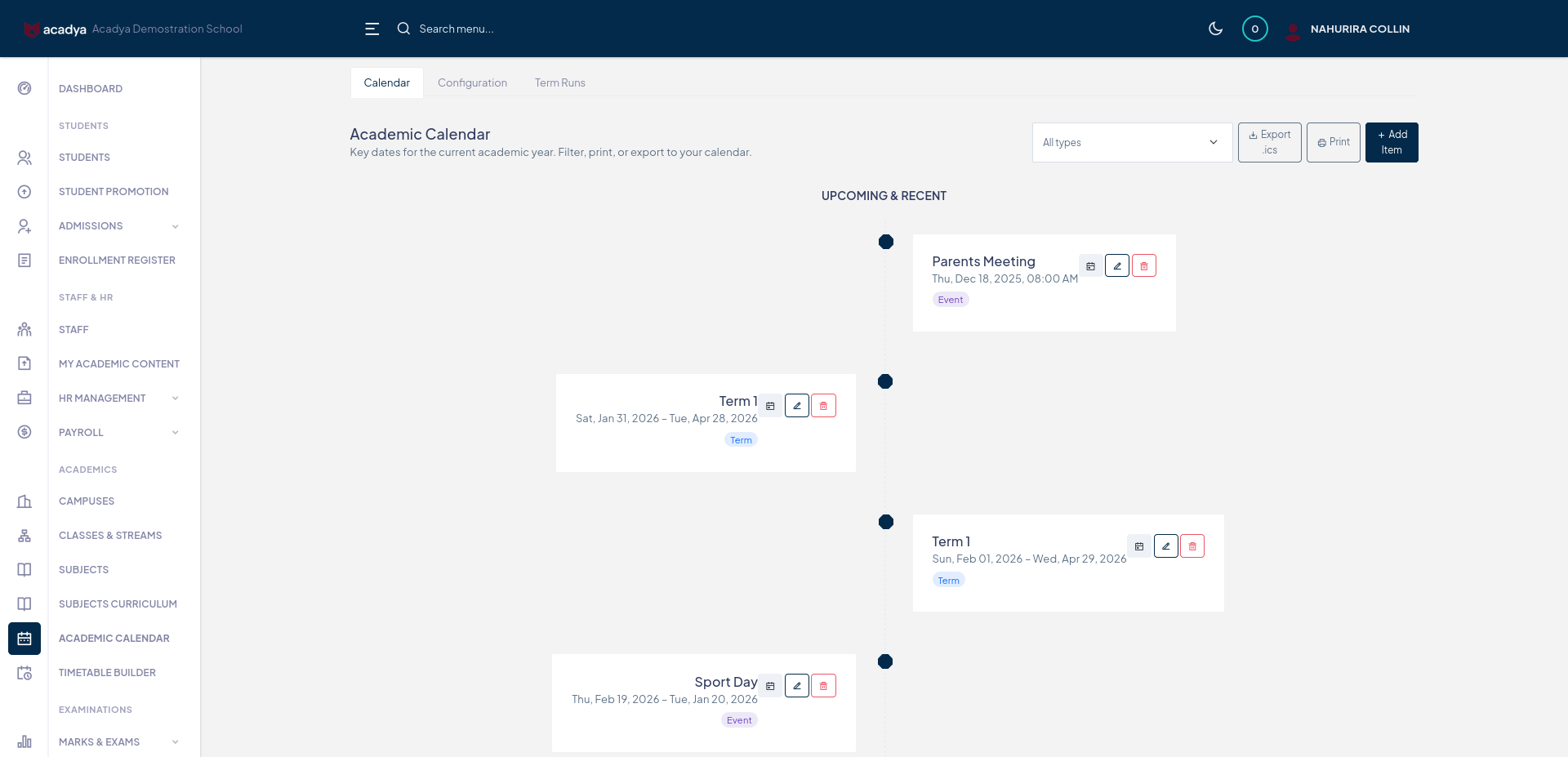 ACADYA Academic Calendar