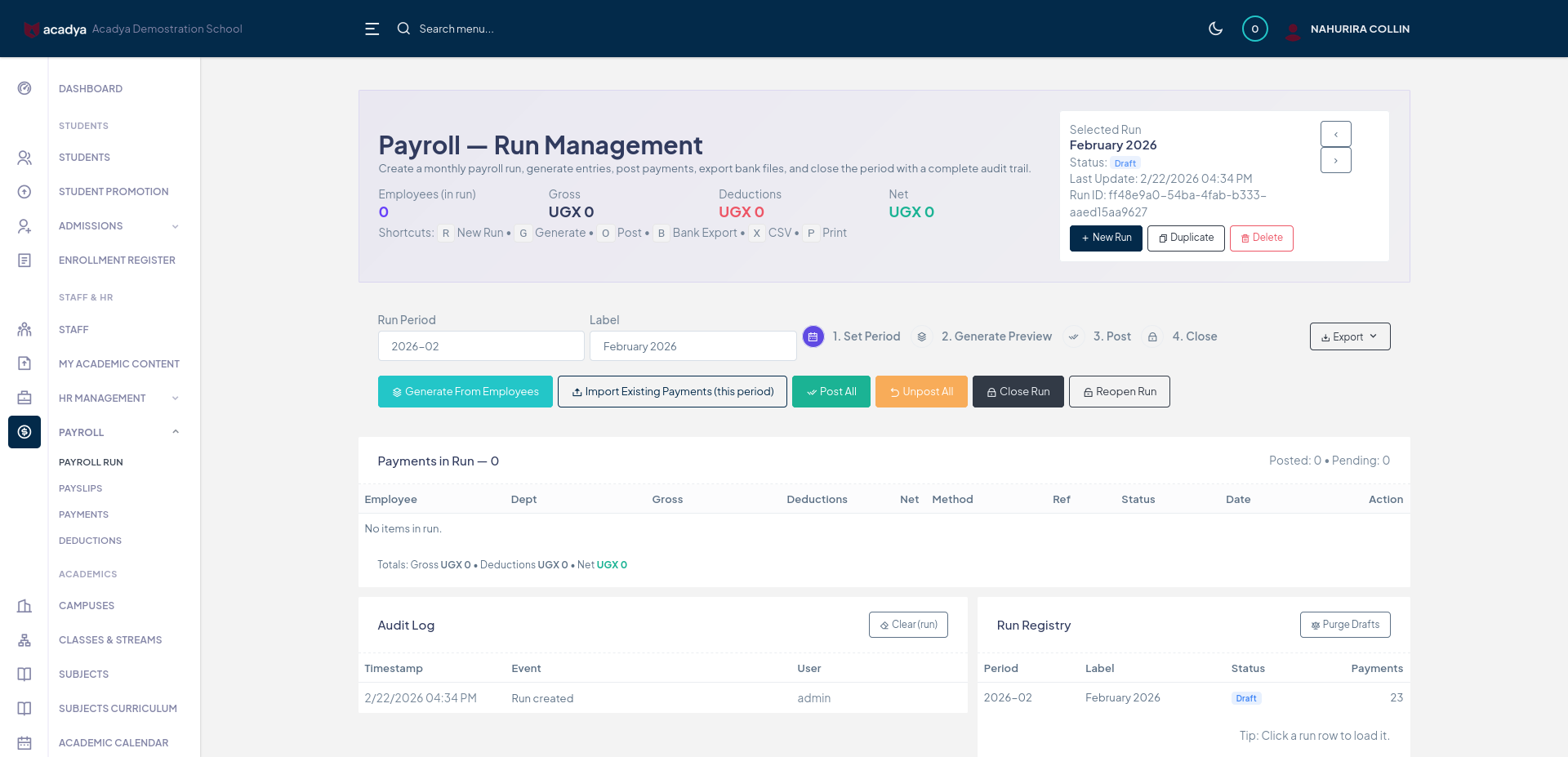 acadya Payroll Run Management